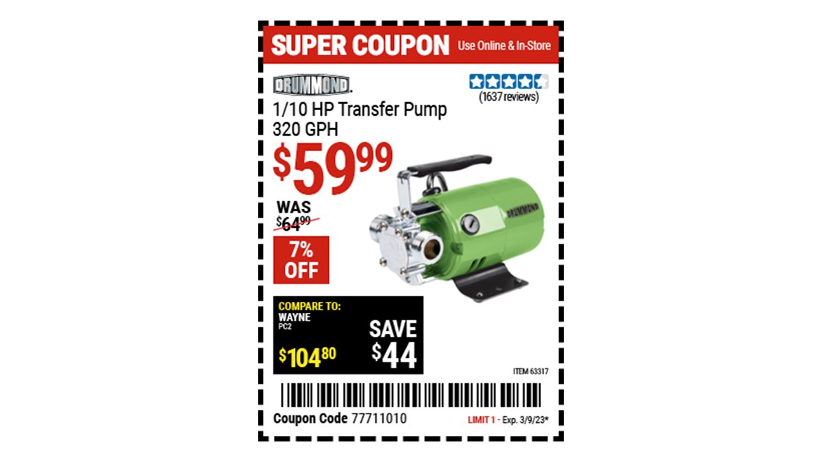 Harbor Freight on Twitter "Buy the DRUMMOND 1/10 HP Transfer Pump