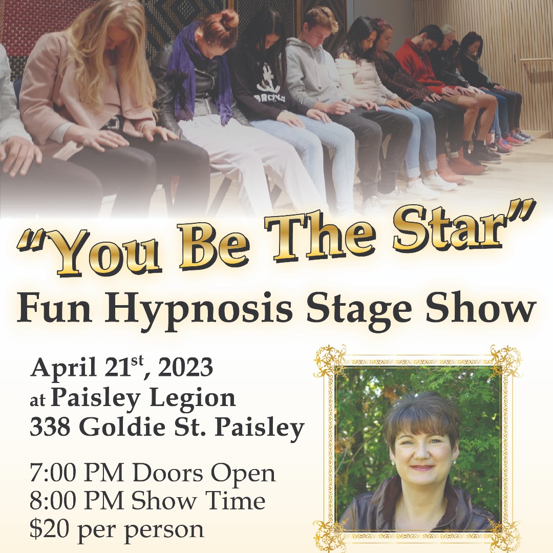 Grab your tickets quickly.  
You be the star of the show.
Bruce Grey Hypnosis is hosting a fun hypnosis experience.  All the profits stay with the Paisley Legion to support the building  &amp; the work they do.
Show starts at 8:00pm

Eventbrite 
ow.ly/M3OL50N9bB8