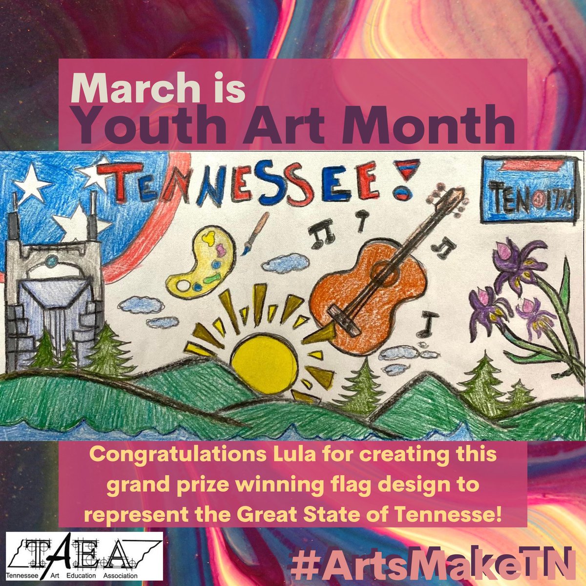 MARCH is Youth Art Month! Congratulations to Lula and @JanisNunnally for creating the grand prize winning flag design! Lula says of her work, “My inspiration for this drawing came from Tennessee’s culture, which is full of art.” Share your students’ work by using #artsmaketn