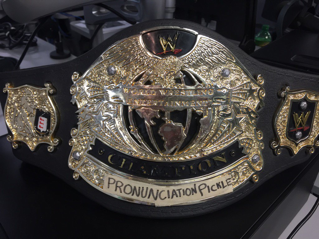 TimJamesMedia's tweet photo. NEWS 1130 would air #PronunciationPickle weekly from 2014-2017 during the Evening Show with @BenWilsonThings. We had a 'championship' belt! #SendMeBackSunday https://t.co/44EmZzEsDb
