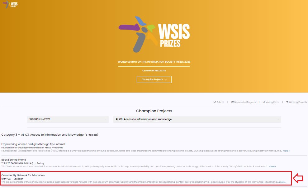 umayux_ec's tweet photo. Nuestro proyecto fue elegido #ChampionProject dentro de los premios mundiales #WSISPrize2023 @ITU en la categoría C3. 
Este 14 de marzo en la Cumbre Mundial de la Sociedad de la Información @WSISprocess en Ginebra, se conocerá al gran ganador, ayúdanos a difundir con un RT y un👍🏻 https://t.co/HLSCPDMYJa