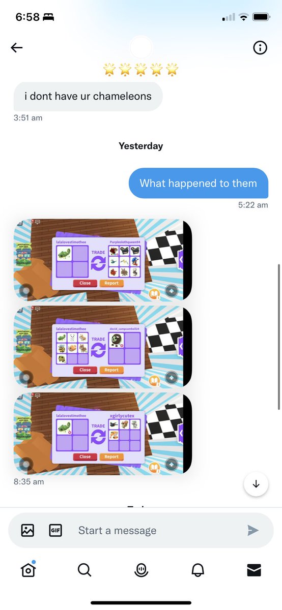 Exposing @timotheeiihubby for scamming me out of 4 chameleons!!
They said they dont owe me anything which is a fucking lie, <a href="/PlayAdoptMe/">Adopt Me!</a> Ive reported it and commented on <a href="/AdoptMeSupport/">Adopt Me! Support 🙇 playadopt.me/support</a> s posts about it but still need help, in thread ill post the trade proof, do not trust‼️‼️