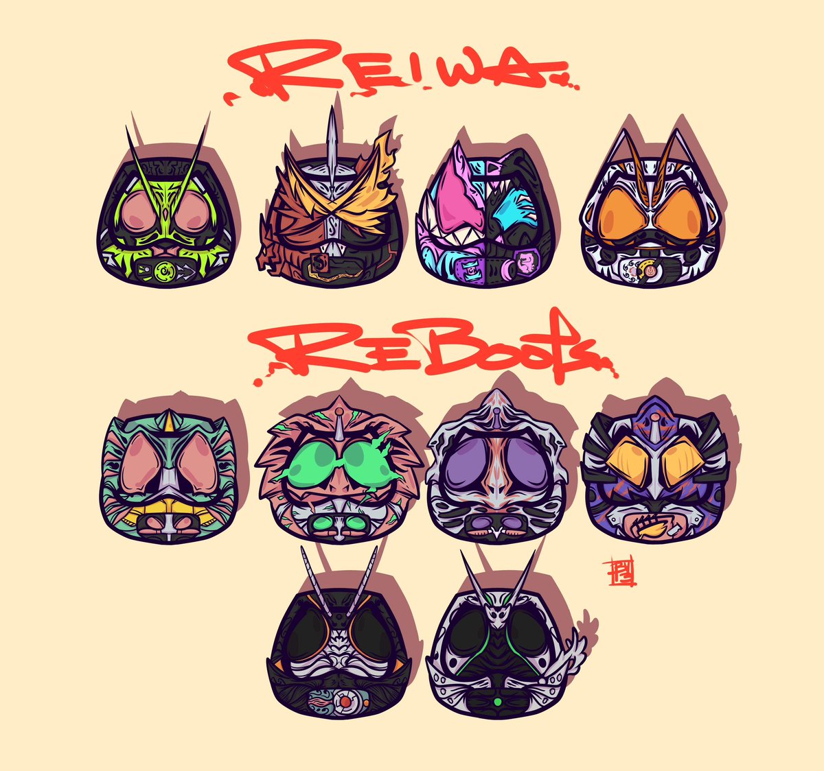 BY13x's tweet photo. Raidā Daruma Series!
Full sheets of daruma!☺️
I’m hoping to make merch out of these in the future

#art #doodle #drawing #fanart #daruma #達磨 #kamenrider #仮面ライダー #tokusatsu #特撮 #maskedrider https://t.co/vHKSimWVwj