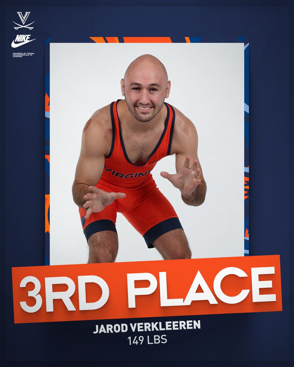 UVAWrestling's tweet photo. 149 | Jarod Verkleeren locks up his spot on the podium!

He takes third with an 8-7 decision over Zach Sherman of UNC.

#GoHoos | #TheVirginiaWay https://t.co/nnwqlfP7So