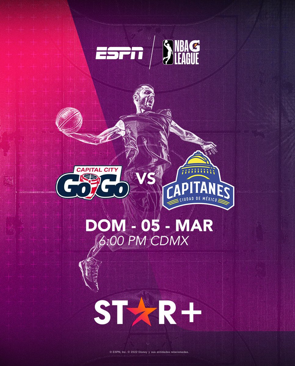 🏀 #NBAGLeague #RegularSeason | @CapitalCityGoGo 🆚 @CapitanesCDMX

#BeatOfDC
#CAPITANESxESPN
🗓️ Hoy
🇲🇽 ⏰ 18:00 Hrs TC, 16:00 Hrs TP
📺 @ESPNmx 2
🇨🇷🇸🇻🇭🇳🇬🇹🇳🇮 18:00 Hrs
🇨🇴🇵🇦🇵🇪🇪🇨 19:00 Hrs
🇧🇴🇩🇴🇻🇪 20:00 Hrs
🇦🇷🇨🇱🇵🇾🇺🇾 21:00 Hrs
📱💻 @StarPlusLA
🎤 @MiguelAngelBris
🎤📝 @tonhorodriguez