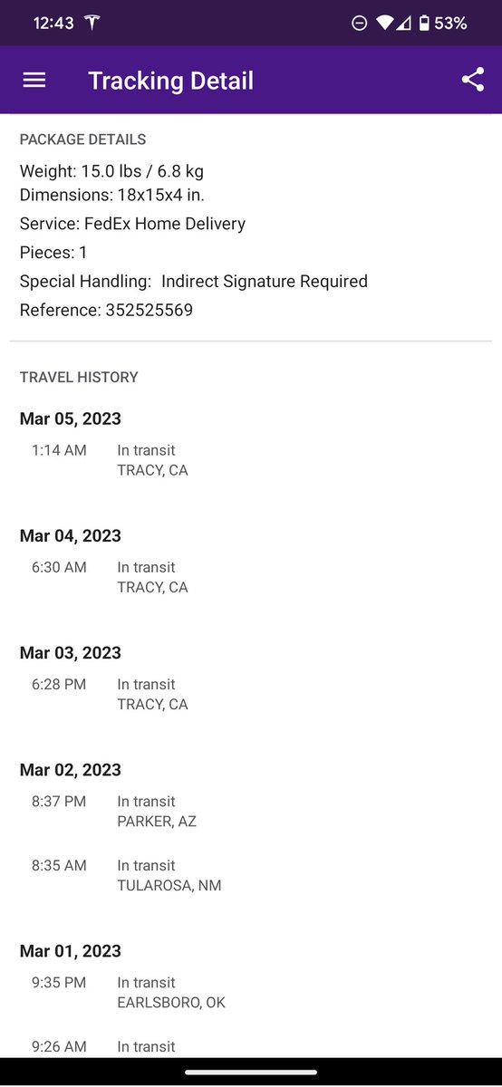 Again, this <a href="/FedEx/">FedEx</a> delivery has gotten stuck at "pending" for days. Hope it's not stolen. Help, please <a href="/FedExHelp/">FedEx Help</a> ! Tracking number is 586955696356.