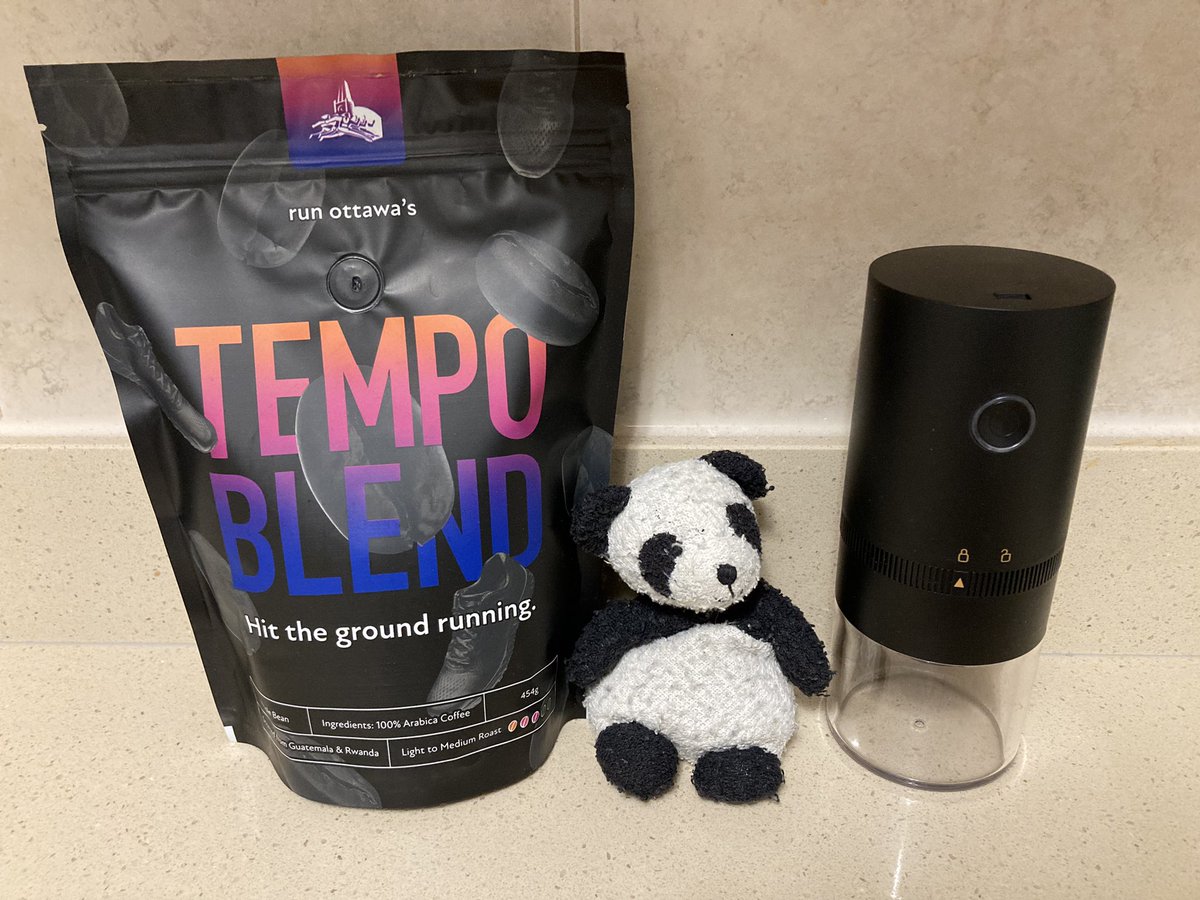 Adventure_Gauss's tweet photo. My human got a new coffee grinder (from @happygoatcoffee) so we got to try some running coffee (from @runottawa). My human and I are looking forward to race weekend! @OttawaRaceWknd #running #coffee #runner #marathon #marathontraining #wellCaffeinatedPanda #coffeeGrinder https://t.co/hRbu6VeK7W