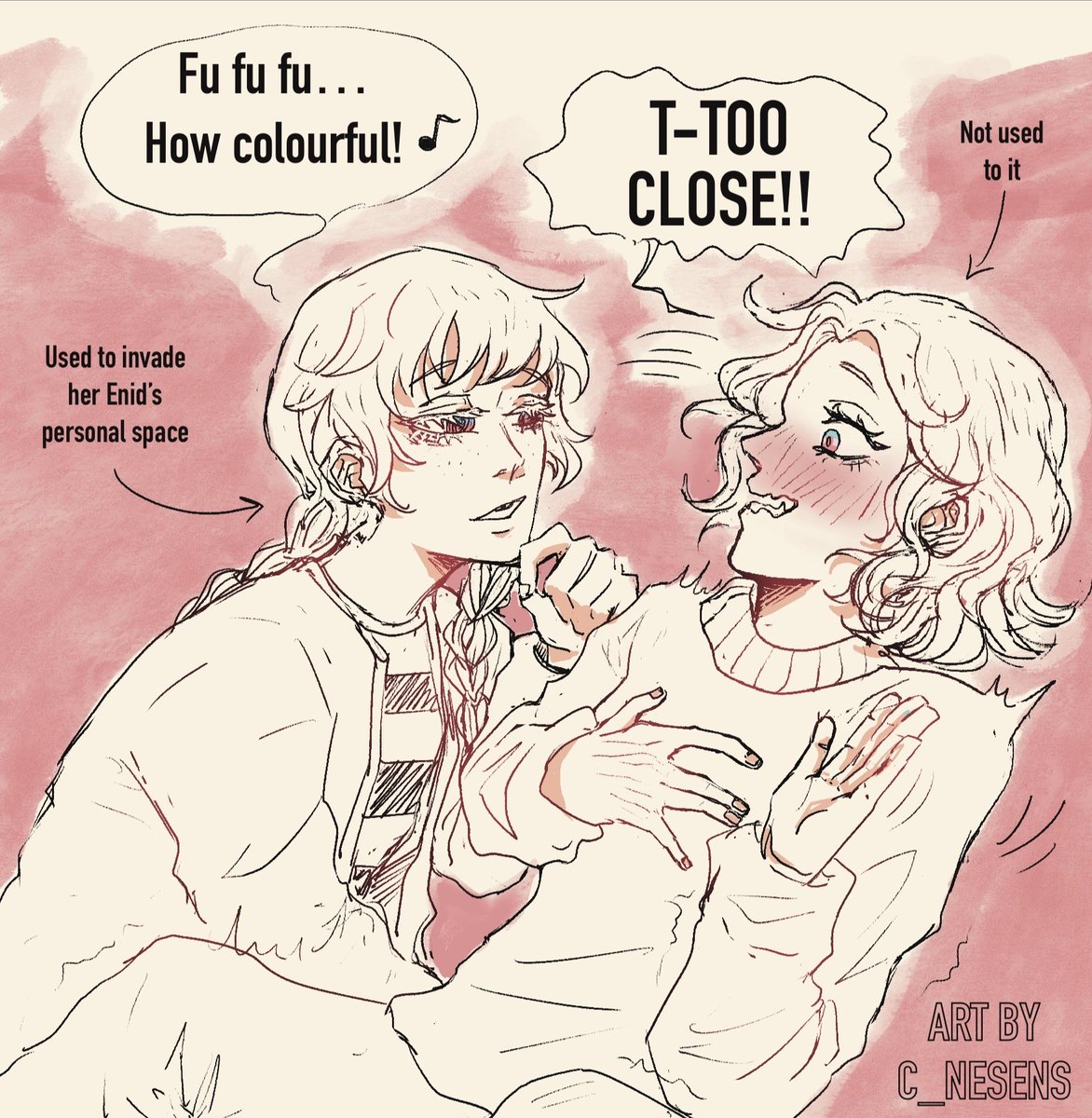 She's *probably* not doing it on purpose, she just has that natural Addams' charm ~✨ (R! Wends + Enid or half reverse #wenclair 🤍💗) #wenclairfanart