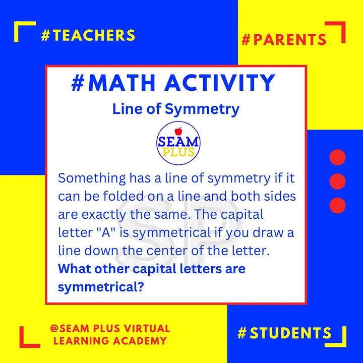 SEAMPlus's tweet photo. Great activity for a math break. How many letters can you or your students come up with that have a line of symmetry? #math #symmetry #brainbreak #teacher #school #seamplus #tutor #bellwork #exitticket #mathjournal #partneractivity https://t.co/c3M9HGjUk7