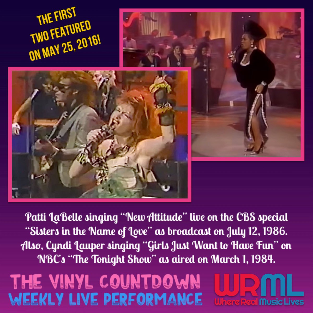 vcountdownradio's tweet photo. We also shared our very first two live performances aired on the shows anniversary special! Cyndi Lauper singing “Girls Just Want To Have Fun” on The Tonight Show, and Patti LaBelle performing “New Attitude” on the Sisters In The Name Of Love special! https://t.co/pA2eHpHDwa