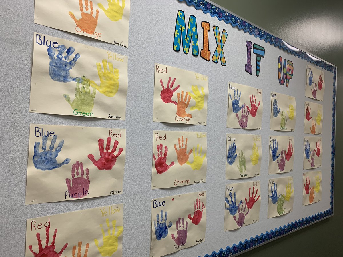 Ms_RDuncan's tweet photo. Mix It Up! Kindergartens at @magerLRSD are learning which two primary colours to mix together to create a secondary colour. https://t.co/egeAi0KWPW