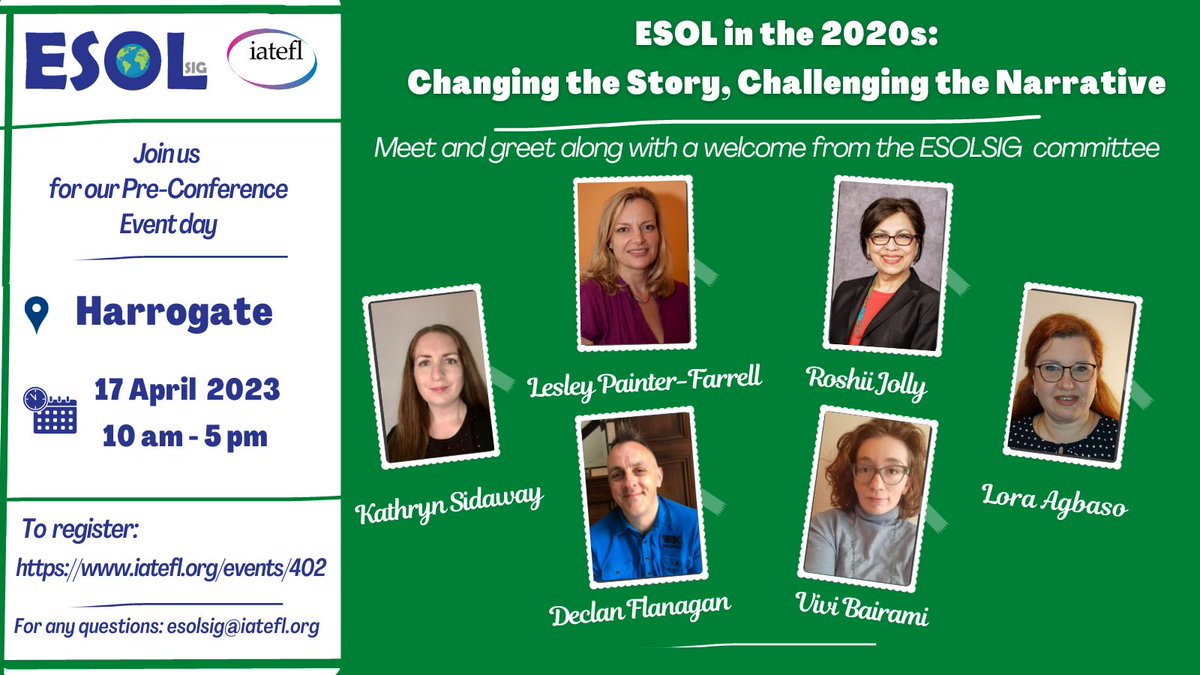 IATEFL ESOL SIG (@iateflesolsig) on Twitter photo The ESOL Sig Committee would like to invite you to our Pre-Conference Event on April 17th, 2023. We would like to thank <a href="/CambridgeUP/">Cambridge University Press</a> for their kind support in the organisation of our #iateflesolsig_2023.
iatefl.org/events/402 The ESOL Sig Committee would like to invite you to our Pre-Conference Event on April 17th, 2023. We would like to thank <a href="/CambridgeUP/">Cambridge University Press</a> for their kind support in the organisation of our #iateflesolsig_2023.
iatefl.org/events/402
