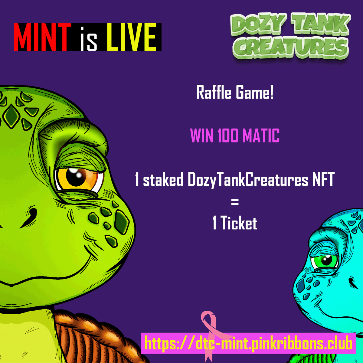 pinkribbonsclub's tweet photo. 🚨 GIVEAWAY ALERT 🚨
We're giving away 10 #DozyTankCreatures NFTs in 24 hours! Stake it to enter our 100 $MATIC contest 🤑
To win:
1️⃣ Like, RT &amp; follow us
2️⃣ Tag 3 friends
Hurry up, the clock is ticking ⏰ #NFTgiveaway #staking #Polygon https://t.co/6Hxj2kpoZ8