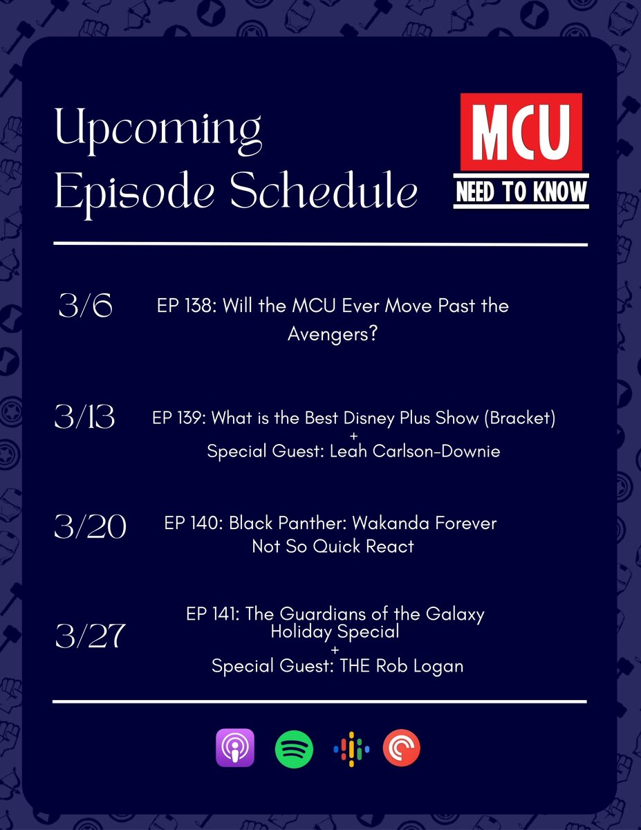 MCUNeedtoKnow's tweet photo. Want a glance at what's hitting your podcast feed this month? Here ya go! 

We're so excited to have @TheMingtacular and @TheRobLogan joining us as guests this month!

Your homework? 

Check out #BlackPanther: Wakanda Forever and The Guardians of the Galaxy Holiday Special. https://t.co/H022TyzIBF