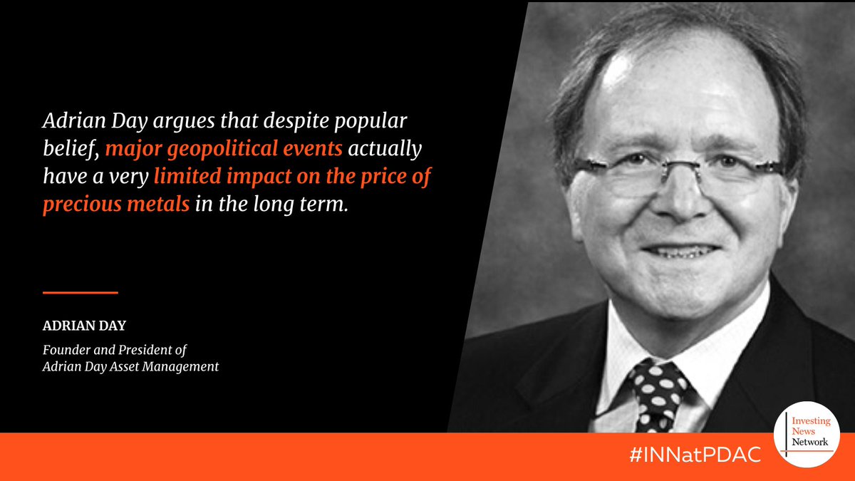 INN_Resource's tweet photo. In his #PDAC2023 panel covering #gold, expert #AdrianDay argues that despite popular belief, major geopolitical events actually have a very limited impact on the price of #PreciousMetals in the long term. #INNatPDAC https://t.co/OBx55K7ILD