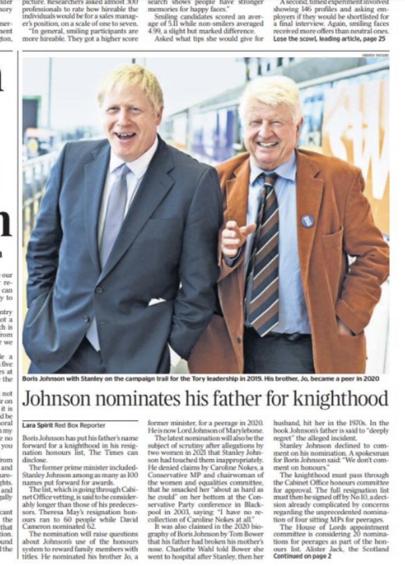 Apologies for the language but this is an absolute piss take. He’s laughing at us. 

This needs to be vetoed by the vetting committee and new rules introduced to prevent any recurrence in future. 

#BorisJohnson #Boris #honours #stanleyjohnson #theTimes