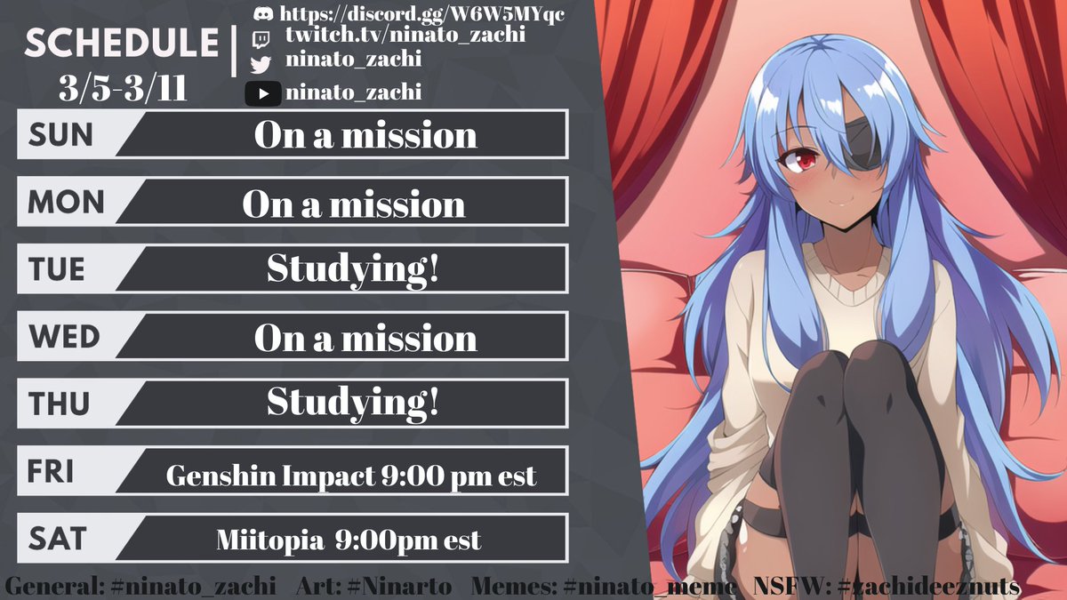 Ninato_Zachi's tweet photo. Stream schedule for this week! Saturday's stream may be canceled depending on my workload 

https://t.co/oqrqkfdEu4 

#VtubersEN #VtubersUprising #Ninato_Zachi #Vaidoru 
.
.
.
. https://t.co/00DZqt1ZJA