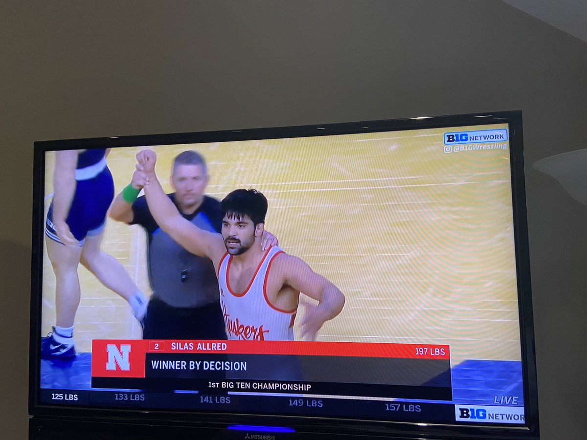 RonnieDGreen's tweet photo. Congrats to @silas_allred on being the @bigten champion at 197!  Husker proud of you along with #2 finishes of Cronin, Hardy, Robb, and Labriola.  On to NCAAs for 7 of @HuskerWrestling team.  As Silas said…a family.  #GBR https://t.co/W7pAMWbIEQ