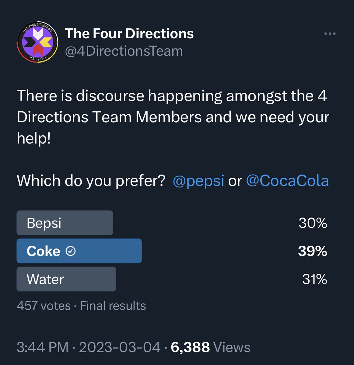 4DirectionsTeam's tweet photo. The results are in and Coca-Cola for the win!
But more importantly, who will sponsor us first @CocaCola or @pepsi ?
#nativestreamers #twitch #StreamTeam https://t.co/cQKtgicJA5