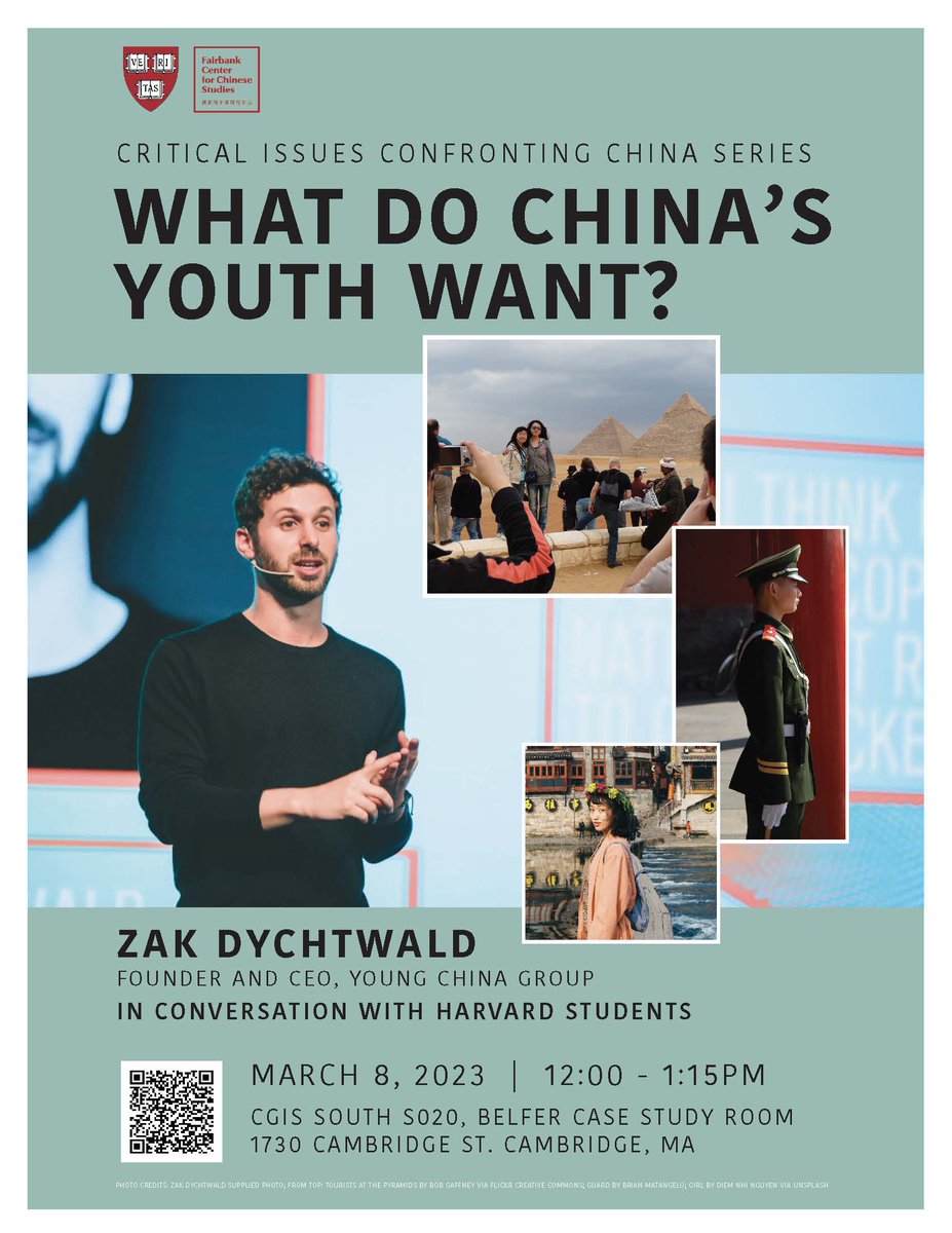 Join us Wed 3/8 at 12pm in person or Zoom as "Young China" author <a href="/zakdychtwald/">Zak Dychtwald</a>  talks with Harvard students about what China's youth want. It might not be what you think! fairbank.fas.harvard.edu/events/critica…