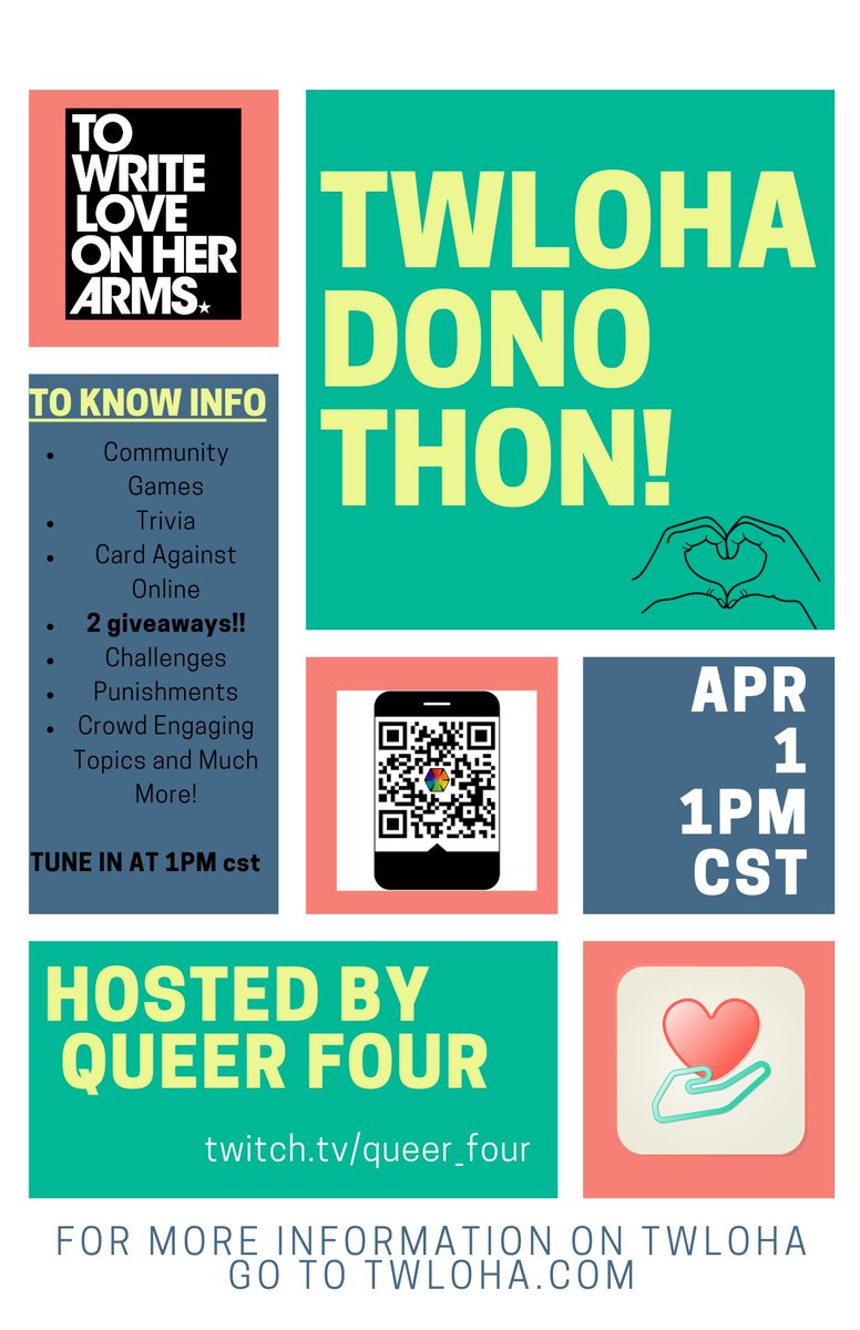 queerfour's tweet photo. Queer Four is doing a Charity Stream! On April 1st, we'll being an 8-hour dono-thon starting at 1PM CST! It'll be 8 hours of community games, punishments, and challenges as we try to reach our goal! Please stop by to support TWLOHA! https://t.co/E11nHDPyZa