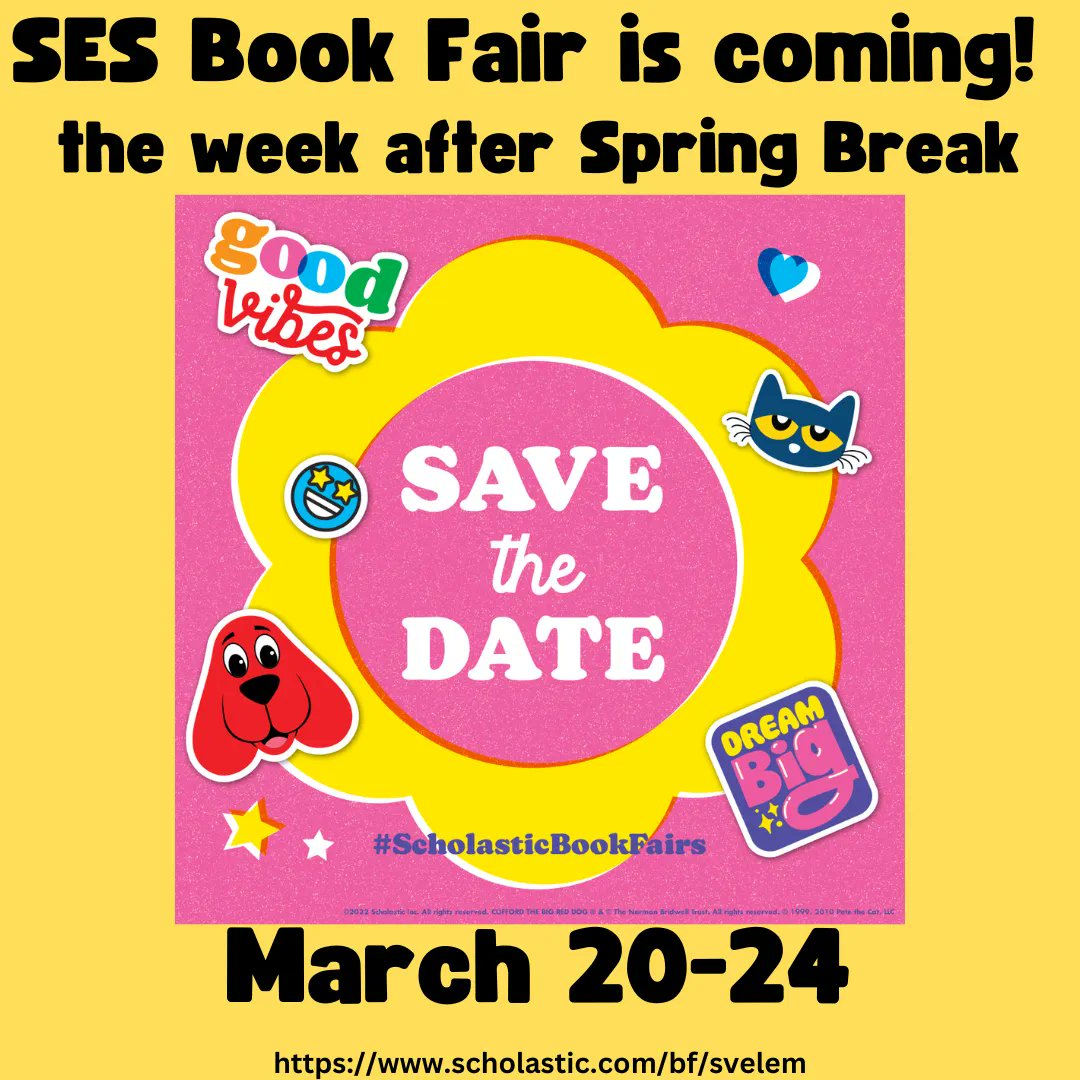 Save the date for the SES Book Fair! It's the week after Spring Break! #RaidersRead #RaidersRise buff.ly/41xQMyY