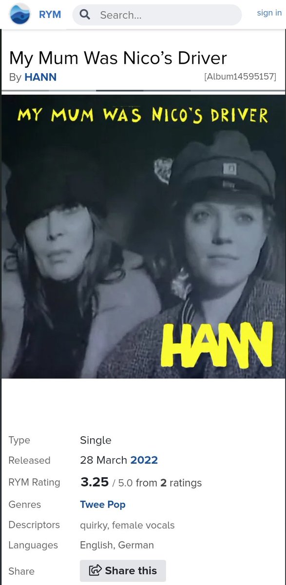 hanntheband's tweet photo. Apparently we are in the genre "twee pop" with this big hit from March 2022! From @RateYourMusic_ page. This tune keeps going strong, chugging along and is now heading our band's @spotify streams singles chart.
https://t.co/FHIoxuxXFn https://t.co/33he3MsAA7