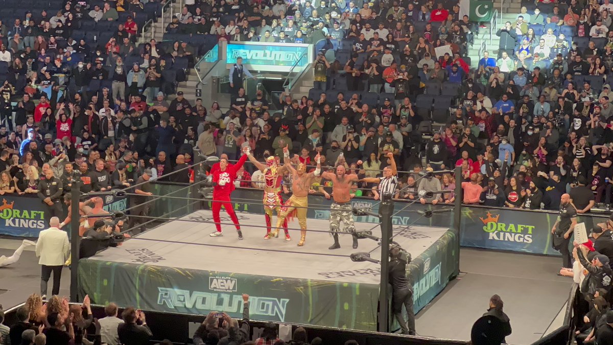 BrianTronic's tweet photo. Lucha brothers &amp; Mark Briscoe pick up the W. Good match on the Zero Hour #AEWRevolution https://t.co/lqyn8mjUfv