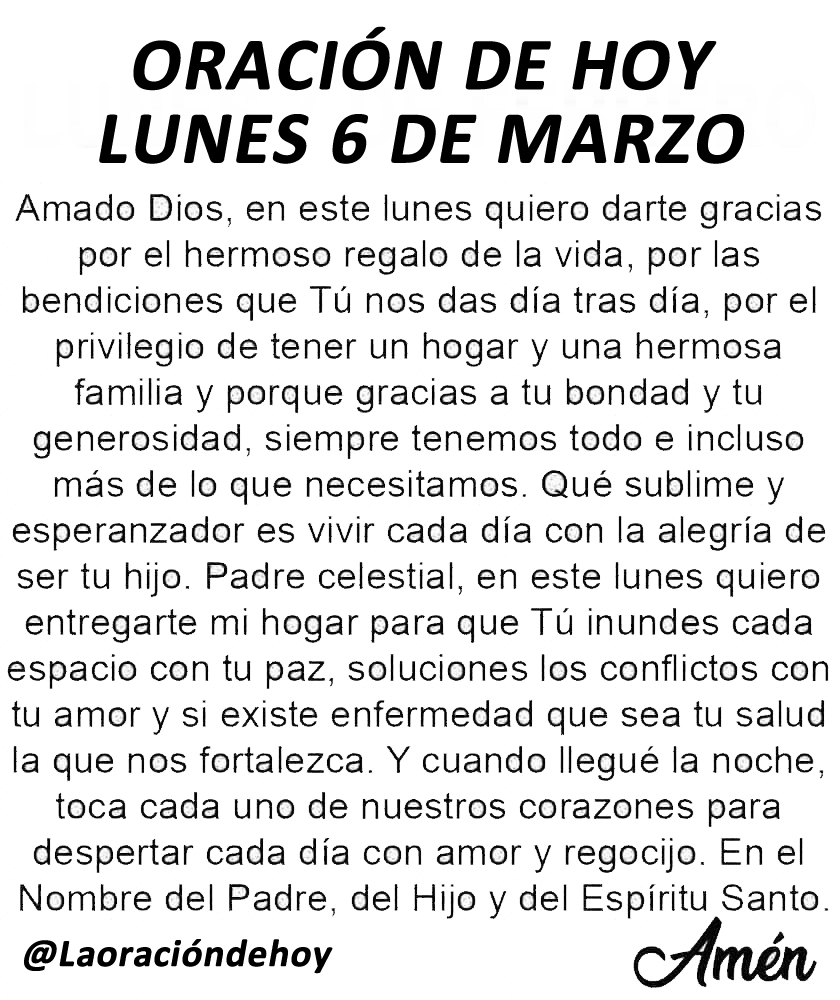 Oración diaria para hoy lunes 6 de marzo del 2023.