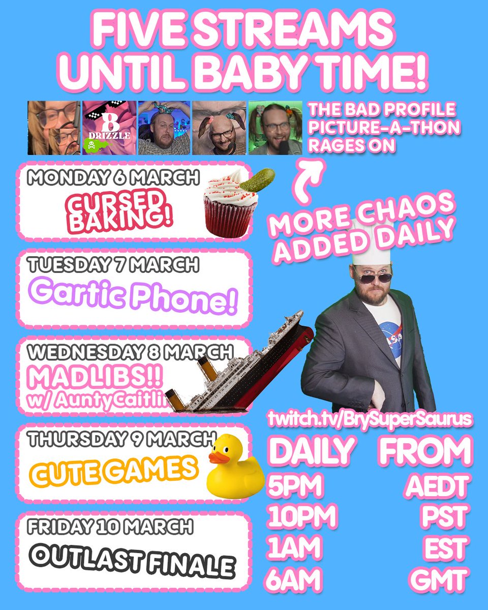 BrySuperSaurus's tweet photo. Last 5 streams before some time-off to welcome MiniSuperSaurus into the world hehe see you tonight! https://t.co/FxeUbB5jh4