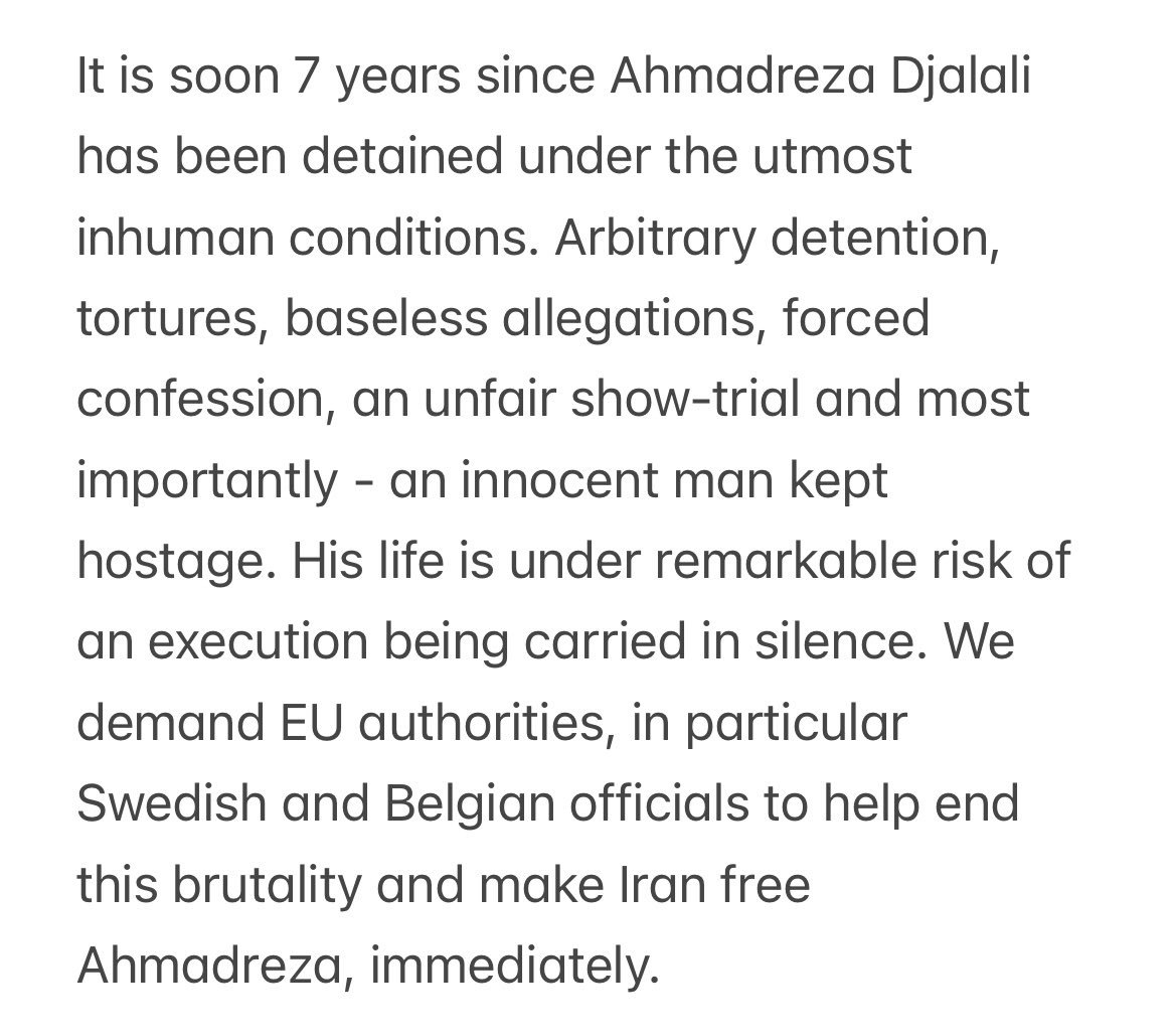 Free_Djalali's tweet image. Please help us amplify our voice and share this message to:

@BelgiumMFA @hadjalahbib @SweMFA @TobiasBillstrom @JosepBorrellF @eu_eeas @Europarl_BE