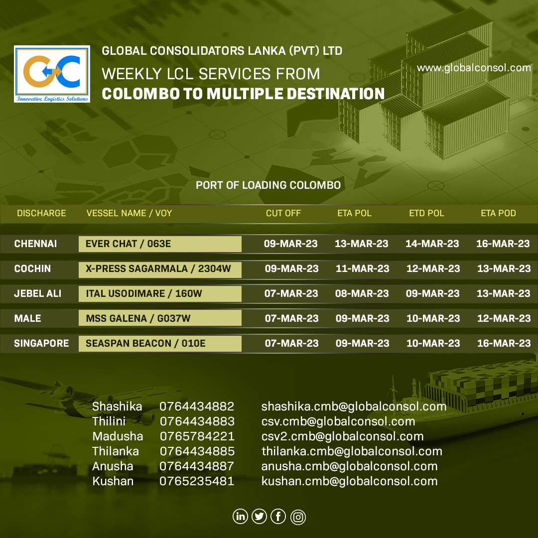 Ship from Colombo with GC and Experience the ease of online quotes, booking and tracking and a host of other premium services.

#frieghtforward #shipping #ship #GC #maritime #logistics #cargo #delivery #shippingworldwide #freight #vessel #transportation #export #containership