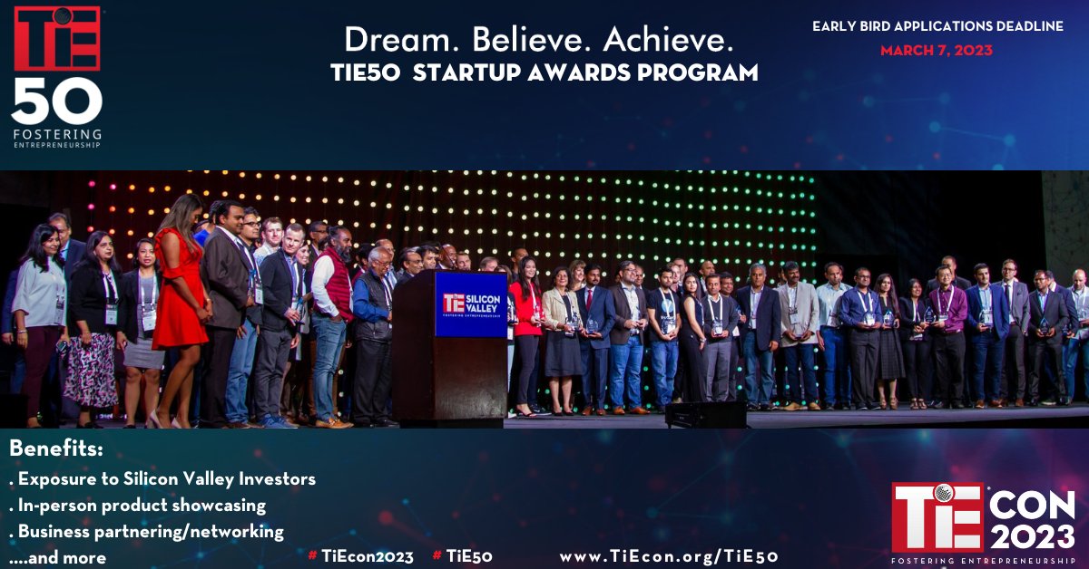 tiesv's tweet photo. Grab the Early Bird pricing for TiE50, a golden opportunity to showcase your early to mid-stage company in the prestigious pitch competition, hosted by TiE Silicon Valley
Apply https://t.co/903EFn5DnM #Entrepreneurship #TiEcon #TiESV https://t.co/gRObNAgFzR