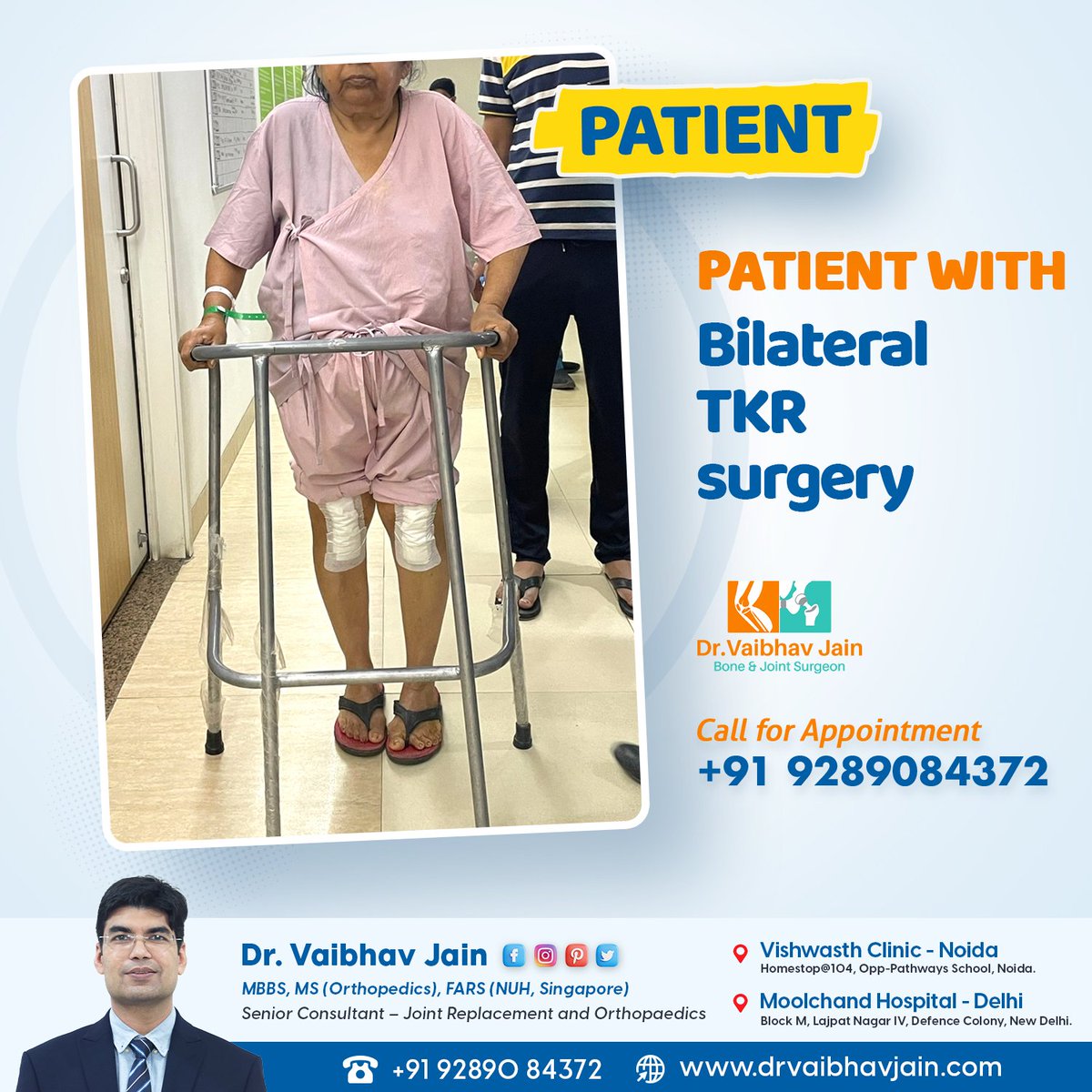 drvaibhavjain's tweet photo. Double the determination, double the recovery! Congratulations to our patient who underwent Bilateral #TotalKneeReplacementsurgery and is now on the path to a #painfreelife

Call for Appointment: 9289084372
For More info visit: https://t.co/ltlxkUQlXf
#OrthopedicSpecialist https://t.co/YuJCkxsSwT