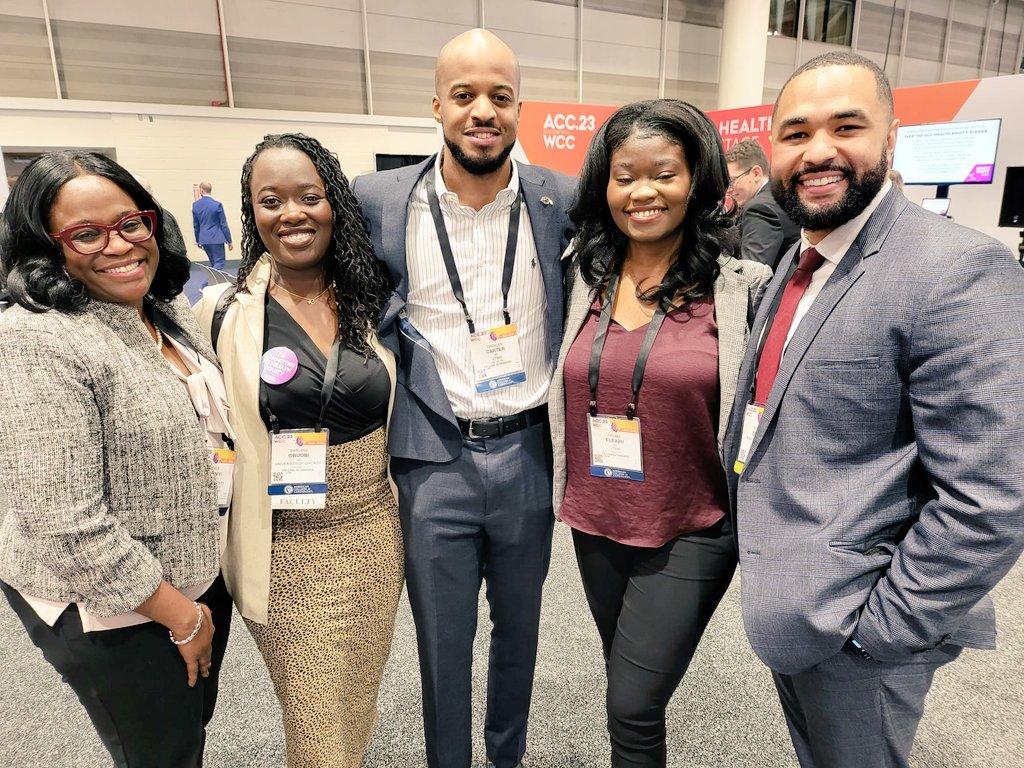 At the @ACCinTouch #HealthEquity Hub with these #Superstar #ACCFIT @shirleneobuobi @theflydoc #IjeomaEleazu and my amazing mentee @AubJGrantMD, now #ACCEarlyCareer . They are #TheFaceofCardiology. We are #BlackMeninMedicine & #BlackWomeninMedicine  #ACCDiversity #ACC23 #WCCardio