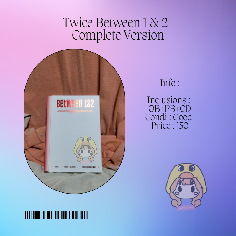 Yvone_Claire16's tweet photo. Wts lfb 
• Twice Between 1 &amp; 2 Unsealed Album

✨ Complete Version
   - 160 pesos if DOP
   - 150 pesos if PAYO

Reply " mine + item name "

- All onhand 
- Prio payo ✨
DOP : 2-3 days 
MOP : Gcash 
MOD : Sco 
LOC : Manila , Metro Manila

🏷️ Wts lfb Twice Between 1 &amp; 2 Unsealed https://t.co/XEhXbn9K4Z