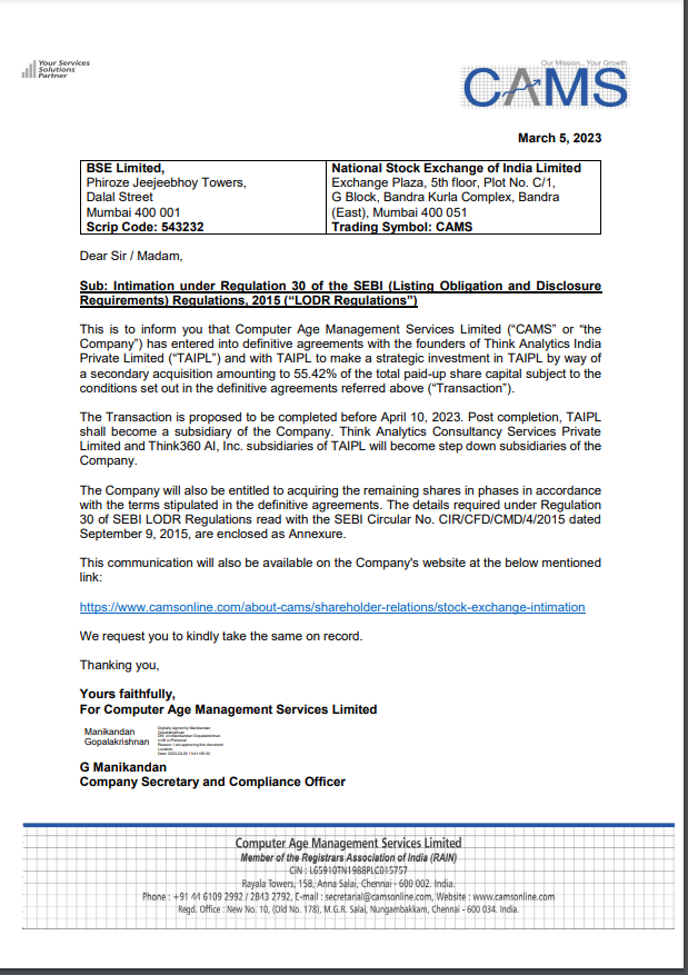 niveyshak's tweet photo. Computer Age Management Services Limited (CAMS) has signed a definitive agreement with the founders of Think Analytics India (TAIPL) and TAIPL for a strategic investment.
#CAMS #ThinkAnalytics #AI #analytics #BFSI https://t.co/XyXJbdyprR