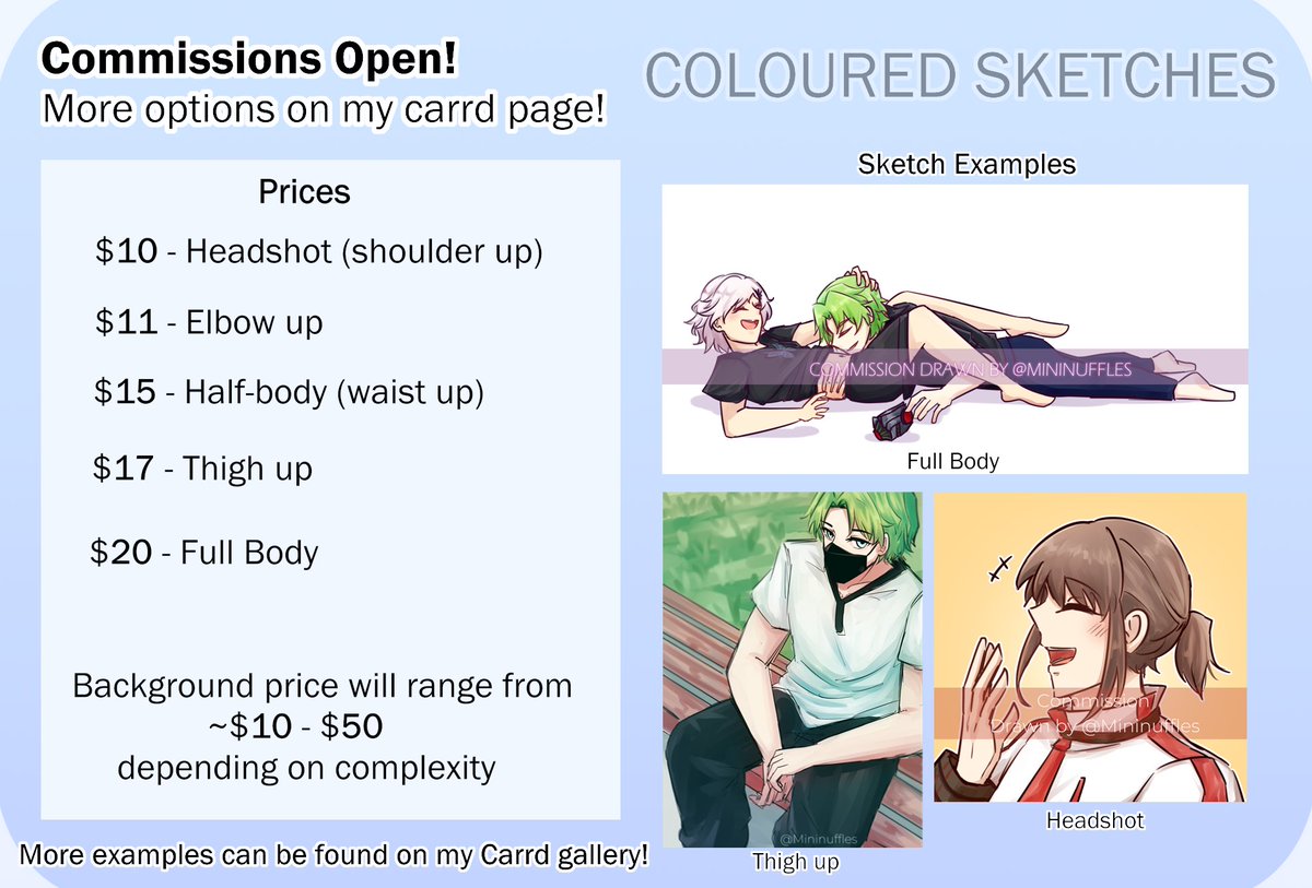 Hello! I want to properly put it out there that I'm open for commissions right now! Mainly I want to raise funds to cushion the cost of buying PC parts to replace my lowkey dying 6+ yr old laptop..😅 

Rts appreciated thank you!🥺❤️

#commissionsopen #artcommissions #commission 