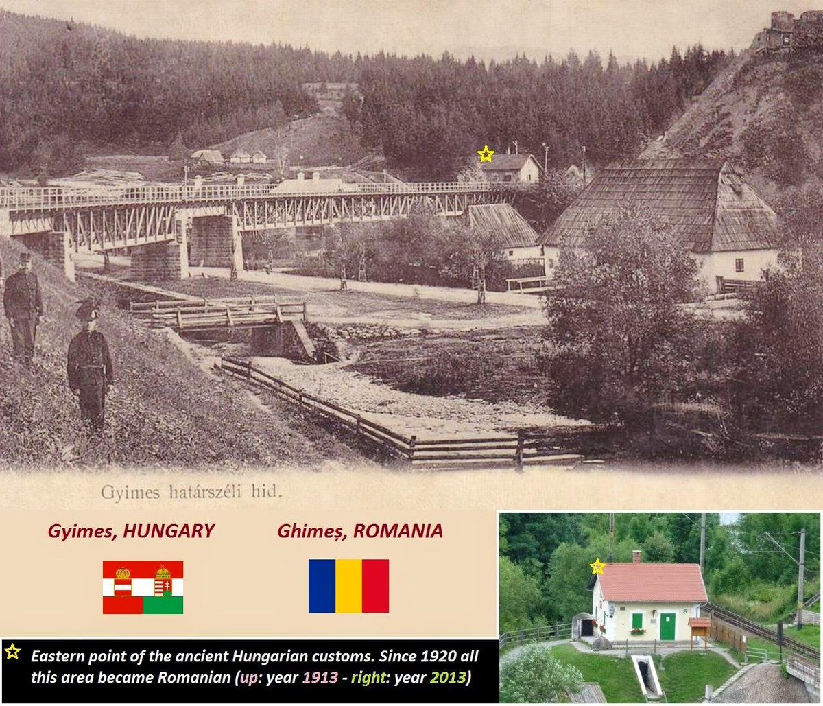 Pillandia's tweet photo. Hungary's easternmost in 1913 (border between Austria-Hungary and Romania) and the same building in 2013 (Romania).
https://t.co/HwcoADL8Oe
#Gyimes #Gyimesbükk #Ghimeș #AustriaHungary #Romania #Hungary #Border #Trotuș #Tatros #Rákóczi https://t.co/8R7hckygPn