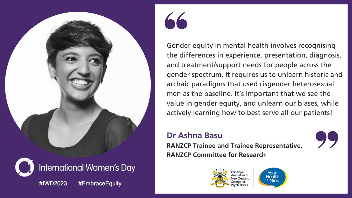 RANZCP_NZ (@ranzcp_nz) on Twitter photo This #IWD2023 we asked our members ‘what does gender equity mean to you, and how can we all work towards achieving better gender equity in mental health?’ Hear what #RANZCPtrainee Dr <a href="/ashnabasu/">Dr Ashna Basu, MD MHM GAICD</a> had to say.
#EmbraceEquity #WomensHealthMatters <a href="/womensday/">Women's Day</a> This #IWD2023 we asked our members ‘what does gender equity mean to you, and how can we all work towards achieving better gender equity in mental health?’ Hear what #RANZCPtrainee Dr <a href="/ashnabasu/">Dr Ashna Basu, MD MHM GAICD</a> had to say.
#EmbraceEquity #WomensHealthMatters <a href="/womensday/">Women's Day</a>