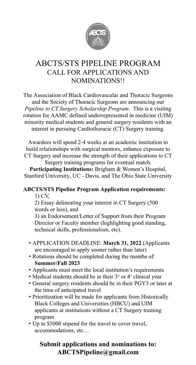 Here’s a great opportunity for Underrepresented in Medicine to gain exposure to the wonderful world of cardiothoracic surgery with amazing surgeons at prestigious institutions. #mentorship ⁦@DavidCookeMD⁩ ⁦@roberthiggins32⁩ Thanks to the ⁦@ABCTS_1999⁩