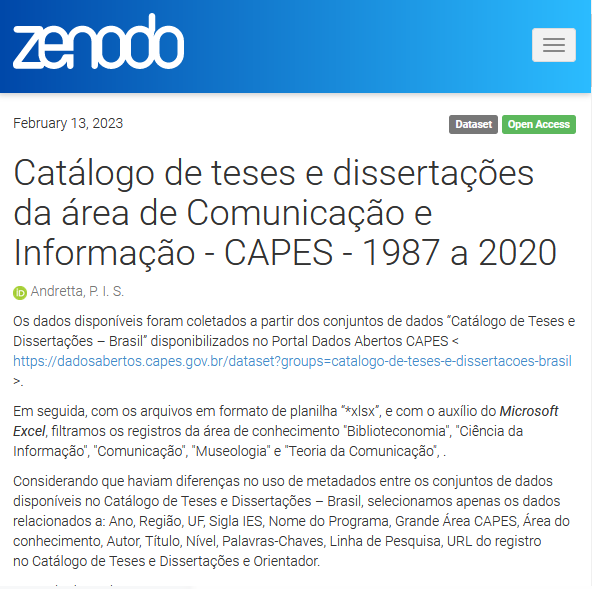 pedroisandretta's tweet photo. Catálogo de teses e dissertações da área de Comunicação e Informação - CAPES - 1987 a 2020 l Disponibilizei esse conjunto de dados no Zenodo! Vale baixar e explorar os dados e painel. #DadosDePesquisa #Teses #Dissertações #CiênciaDaInformação #Comunicação https://t.co/xHGErg4p5H https://t.co/BOnTKc3zJD