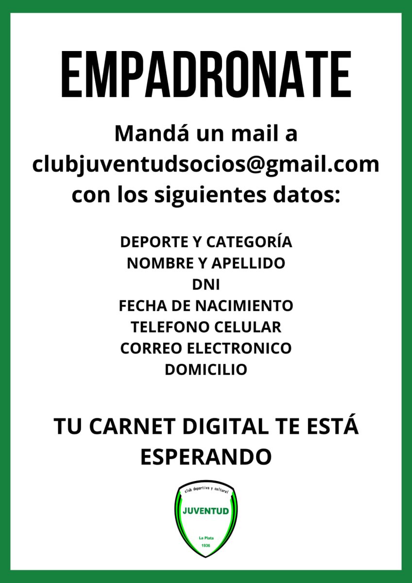 Juventud sigue creciendo! 
Es simple, te empadronás, obtenés tu carnet digital y empezás a usar todos los beneficios que tenemos para vos!
#HaceteVerde #JuventudTodaLaVida #MiClubOnLine