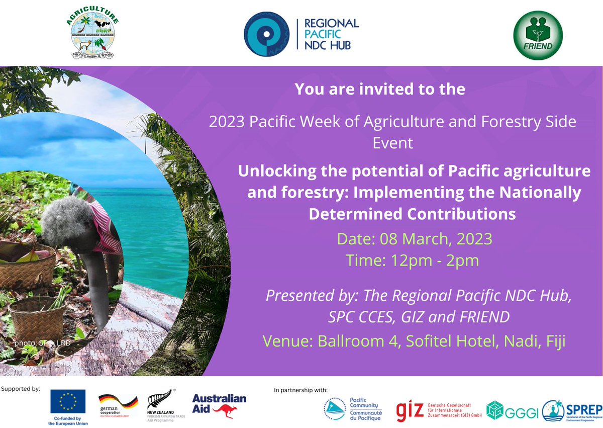 We are excited about joining the 2023 Pacific Week of Agriculture and Forestry in Nadi this week! Join in on Wednesday for the side NDCs and Pacific Agriculture by registering on the link below! 

To register for the event and watch it live: bit.ly/3kQKrOG

#PacificNDCs