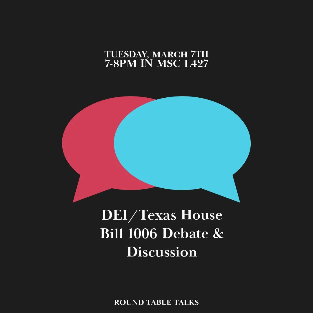 THIS TUESDAY!

There has been alot of talk recently about DEI and its future at Texas universities. Come to talk about it!