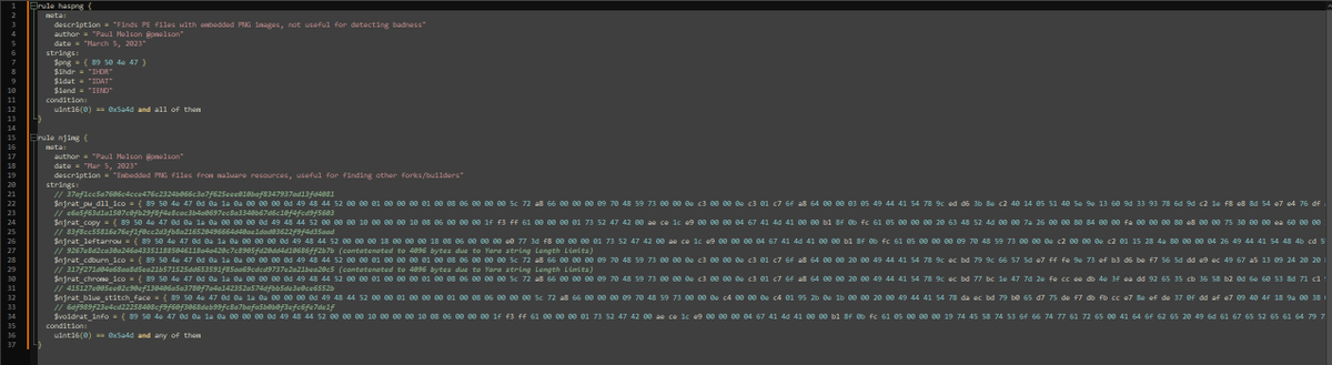 pmelson's tweet photo. Looking at a new sample today led me down a rabbit hole of PNG images embedded in malware.  I wrote a little Python to extract PNG files from malware @ScumBots has scraped, stacked the images, and made the common ones into a Yara rule for hunting. #100daysofyara https://t.co/mylRruARlG