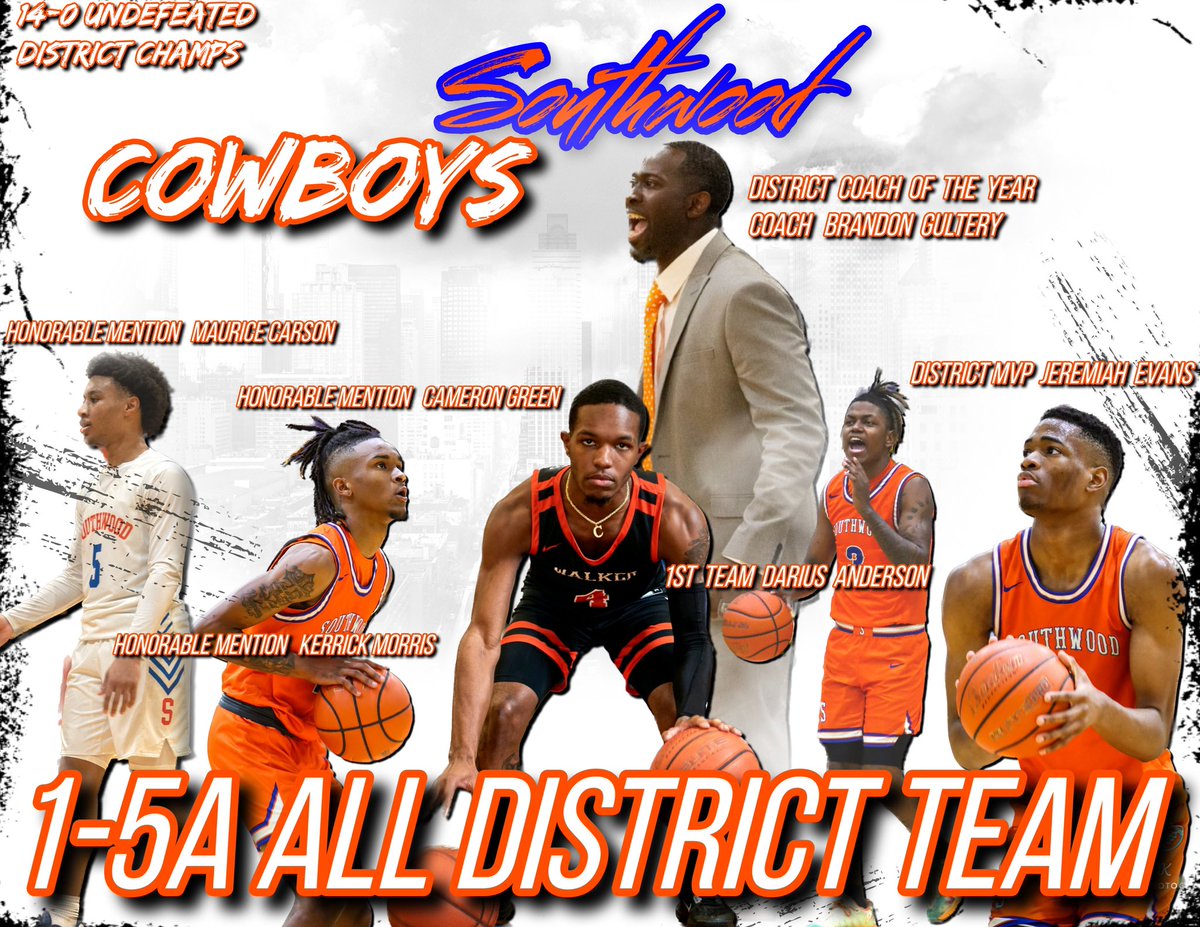 Your 1-5A ALL DISTRICT COWBOYS!!! 

Coach of The Year: Coach Brandon Gultery
District 1-5aa MVP: Jeremiah Evans 
1st Team All 1-5A: Sr. G Darius Anderson 
1-5A Honorable Mention: Sr. G Kerrick Morris, Sr. F Cameron Green, Jr. G Maurice Carson 

Congrats to our guys!!!