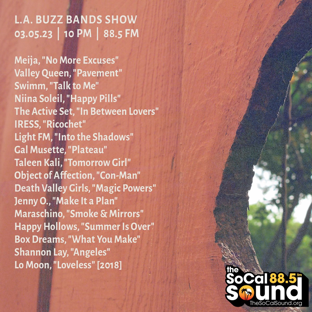 krbronson (@krbronson) on Twitter photo Coming at 10PM: @BuzzBandsLA Show on 88.5 FM <a href="/TheSoCalSound/">The SoCal Sound</a>, ftr. Swimm, Valley Queen, Light FM, IRESS, Niina Soleil, Meija, Jenny O., Death Valley Girls, Maraschino, Happy Hollows, Taleen Kali, Object of Affection, the Active Set and more ... Tune in! bit.ly/3KV9rio Coming at 10PM: @BuzzBandsLA Show on 88.5 FM <a href="/TheSoCalSound/">The SoCal Sound</a>, ftr. Swimm, Valley Queen, Light FM, IRESS, Niina Soleil, Meija, Jenny O., Death Valley Girls, Maraschino, Happy Hollows, Taleen Kali, Object of Affection, the Active Set and more ... Tune in! bit.ly/3KV9rio