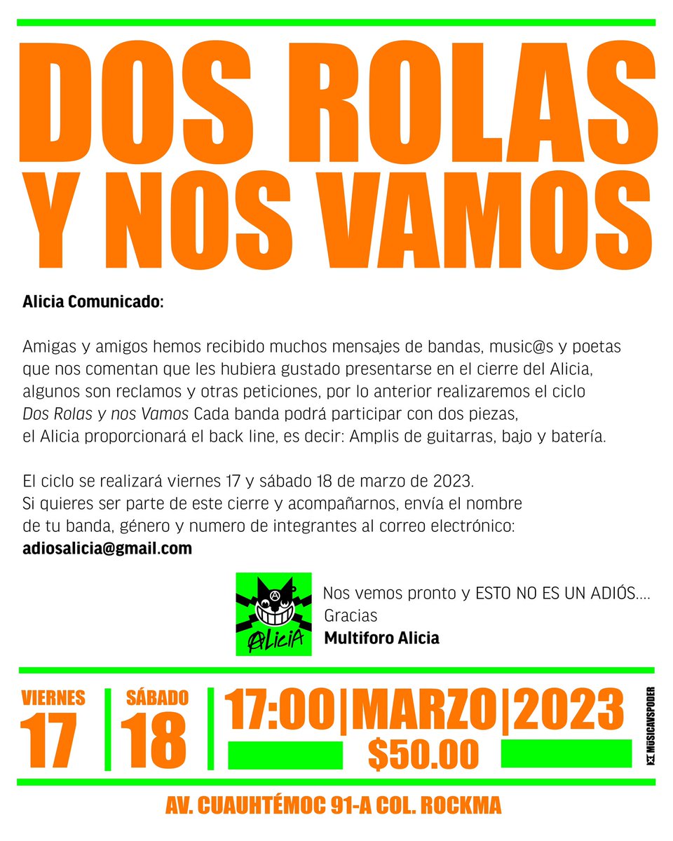 multiforoalicio's tweet photo. Atención:
“Dos Rolas y nos Vamos”
Se invita a todas las bandas, music@s  y poetas a despedir el Alicia.
Si gustas participar envía tu propuesta: banda, género e integrantes, al correo
adiosalicia@gmail.com
El Alícia proporcionara el Back Line
2 amplis guitarra
ampli bajo
batería https://t.co/06XojTrrrz