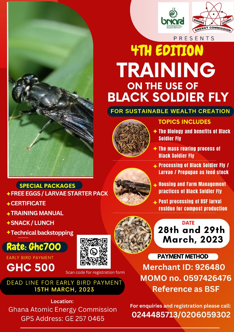 Join us for a 2 day training on the use of black soldier fly. Special package includes free starter pack, certificate, training manual, lunch & technical support. Register now for our early bed offer of 500GHC which ends March 15th! #BlackSoldierFly #IndependenceAnniversaryOffer